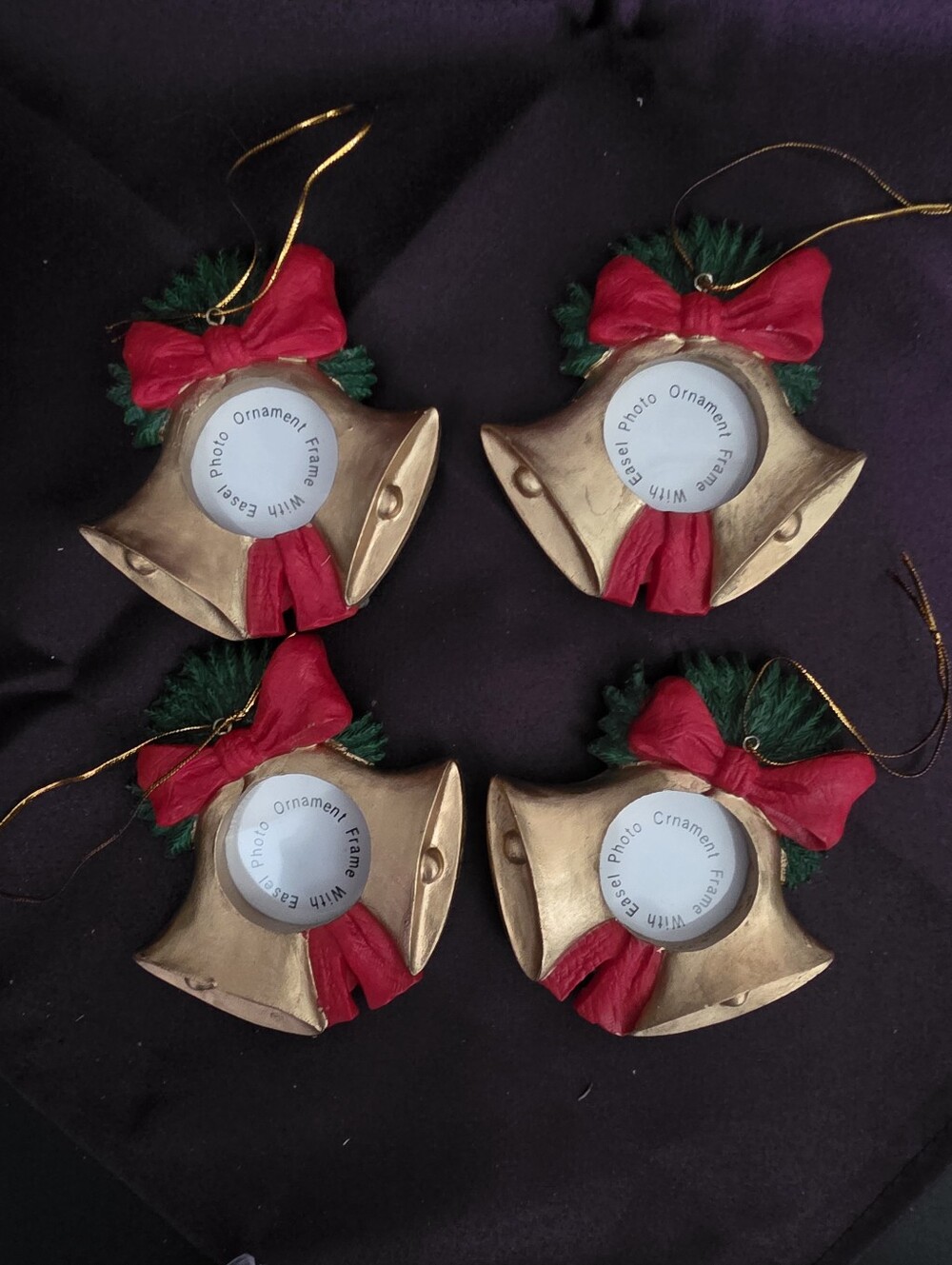 Set of 4 Christmas Bells Picture Frame Ornaments Hand-Painted NWT